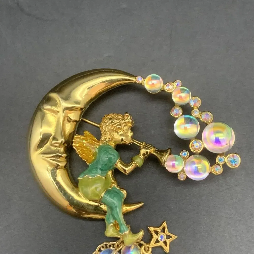 Vintage Kirks Folly Pipedream Fairy Moon Bubbles Charm Rhinestone Pin Brooch